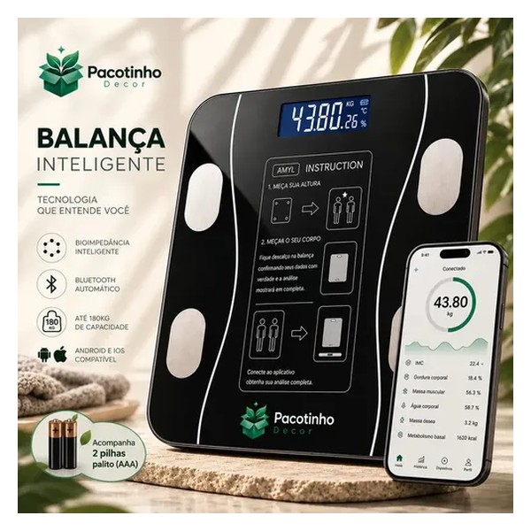 Balança Digital Smart Bioimpedância 180kg Bluetooth IMC Corporal App Android iOS Pacotinho Decor