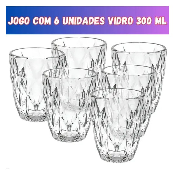 Jogo 6 Copos Vidro Diamante Grosso Resistente Agua 300ml Branco Ms Variedades