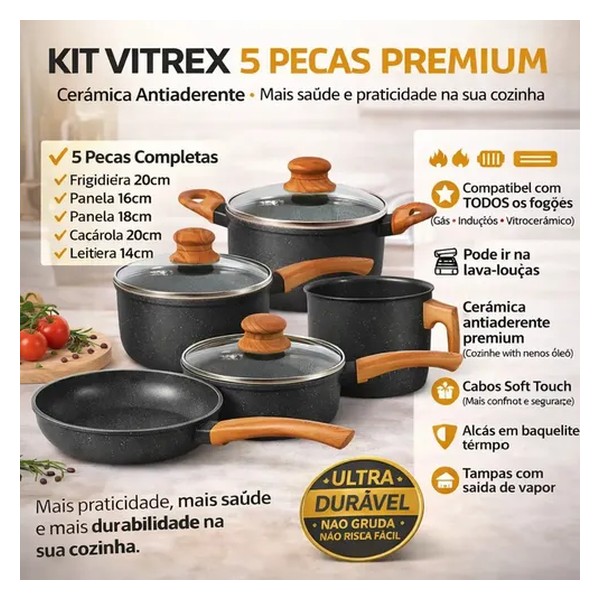 Jogo De Panelas Cerâmico Triplo Indução Vitrex Ecoglid 5 Peças Cor Preto Granito