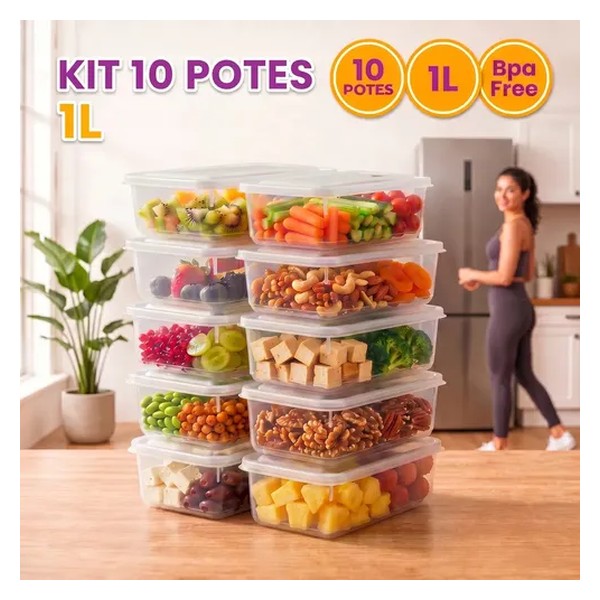 Kit 10 Potes 1 Litro Transparente Marmita Fitness Bpa Free Tampa Hermética Reutilizável Micro E Freezer Mantimentos ponte lar utilidades