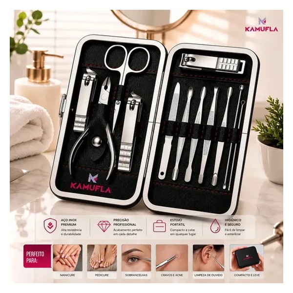 Kit Cortador De Unha Portátil Estojo Alicate Manicure 12 Pç Desencravador De Unha Manicure Alicate Lixa Profissional Tesoura Empurrador De Cutículas Pinça Portátil Dobrável