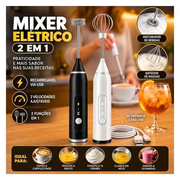 Mini Mixer Misturador De Bebidas Elétrico 2 Em 1 Portátil Recarregável Mexedor De Ovos Leite Whey Café Espuma Shake Drinks Capuccino Suco Blackbom